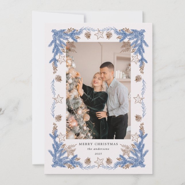 Sketched Vintage Blue Golden Photo Holiday Card (Front)