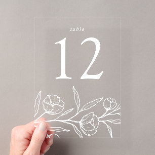 Sketched White Floral Acrylic Wedding Table Number