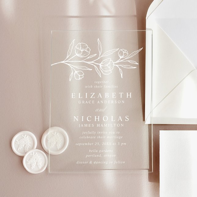 Sketched White Floral Wedding Acrylic Invitations (Creator Uploaded)
