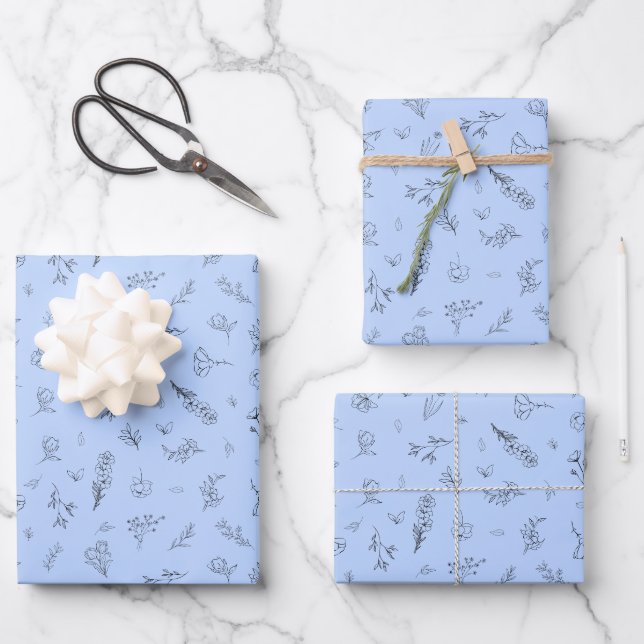 Sketched Wildflowers on Light Blue Wrapping Paper Sheet (Front)
