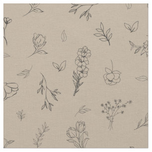 Sketched Wildflowers on Light Brown Fabric