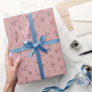Sketched Wildflowers on Pastel Red Wrapping Paper