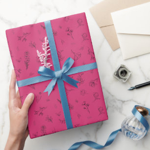 Sketched Wildflowers on Rose Pink Wrapping Paper