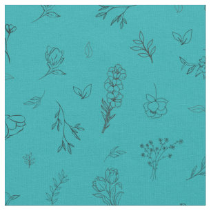 Sketched Wildflowers on Teal Fabric