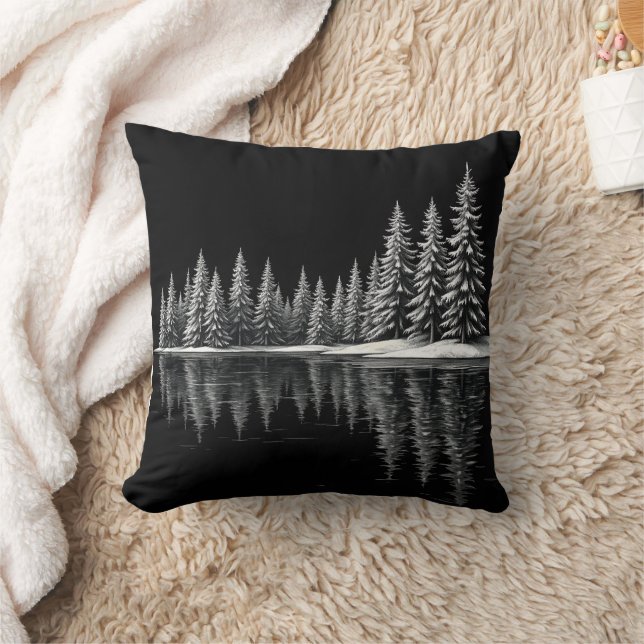 Sketched Winter Lake Throw Pillow (Blanket)