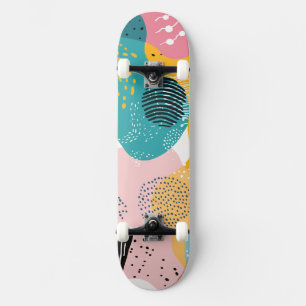 Sketches and doodles on colourful shapes skateboard