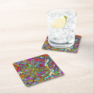 Sketching Fantasy Art - Abstract Flowers 1 Square Paper Coaster