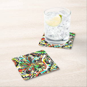 Sketching Fantasy Art - Abstract Flowers 3 Square Paper Coaster