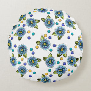 Sketchy Blue Flowers Round Pillow