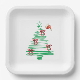 sketchy christmas tree with red bow and santa hat paper plate