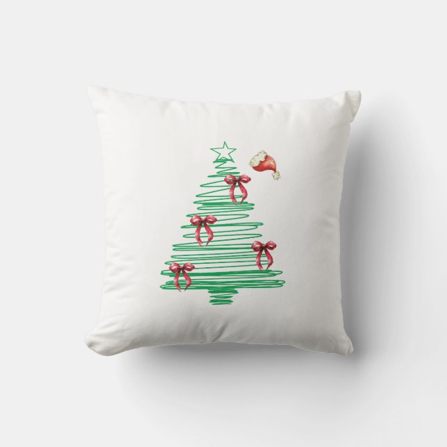 sketchy christmas tree with red bow and santa hat throw pillow (Front)
