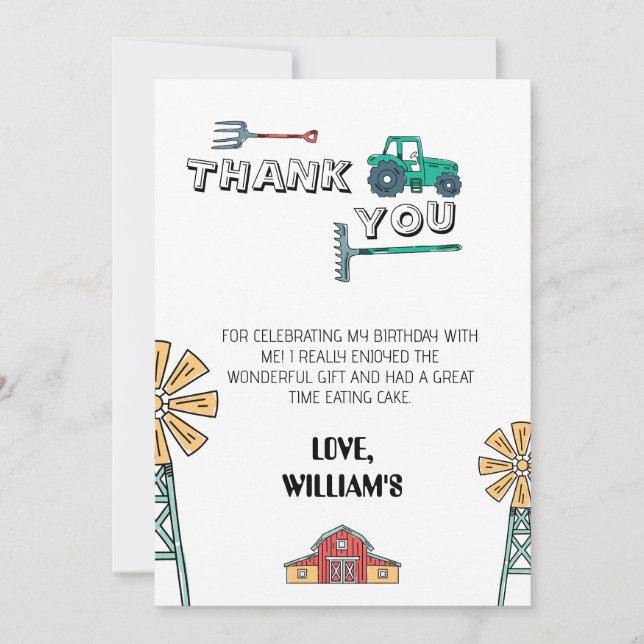 Sketchy Green Tractor Farm Birthday Thank You Card (Front)