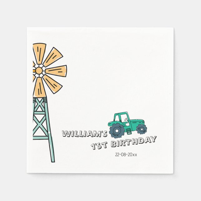 Sketchy Green Tractor Farm Windmill Boy Birthday Napkin (Front)