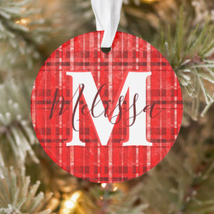 Sketchy red plaid personalized ornament