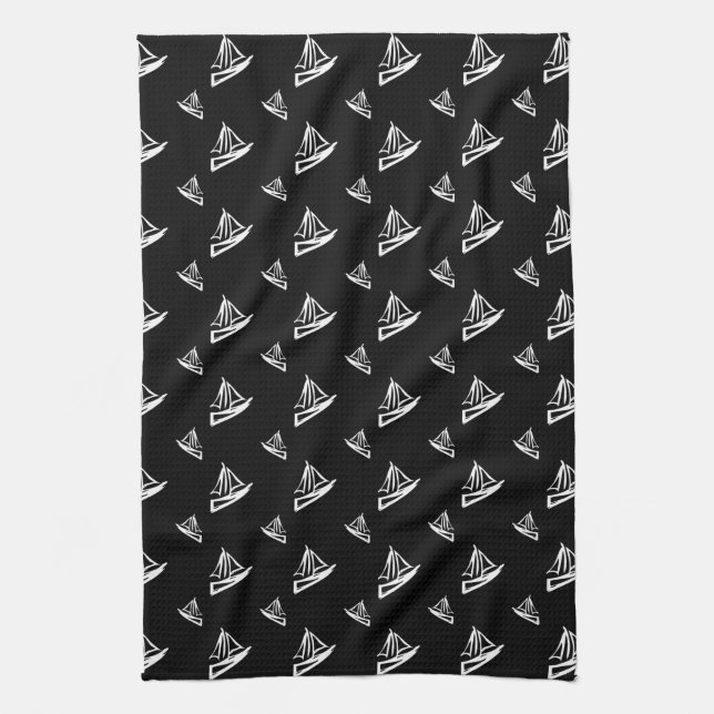 Sketchy Sailboat Pattern Kitchen Towel (Vertical)