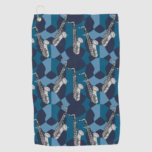 Sketchy Saxophone Grey Pattern Golf Towel (Front)