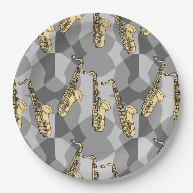 Sketchy Saxophone Greys Paper Plate (Front)