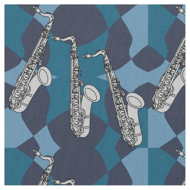 Sketchy Saxophone Pattern Blues Fabric (Close Up)