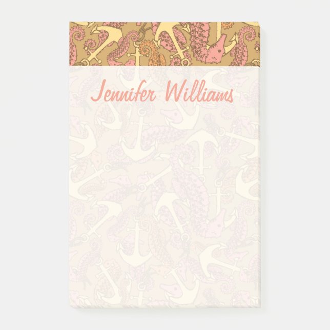 Sketchy Seahorse & Anchor Pattern | Add Your Name Post-it Notes (Front)