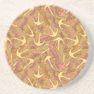Sketchy Seahorse And Anchor Pattern Coaster