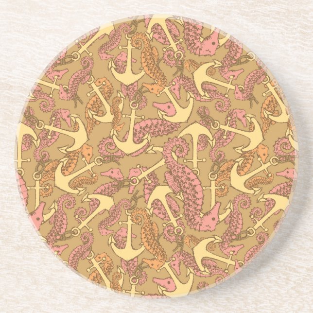 Sketchy Seahorse And Anchor Pattern Coaster (Front)