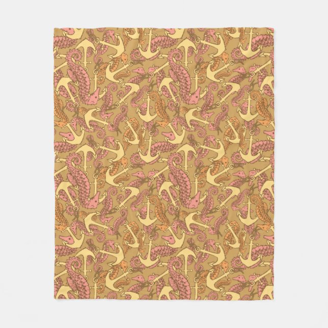 Sketchy Seahorse And Anchor Pattern Fleece Blanket (Front)