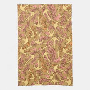 Sketchy Seahorse And Anchor Pattern Kitchen Towel