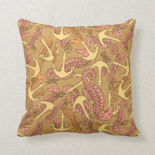 Sketchy Seahorse And Anchor Pattern Throw Pillow