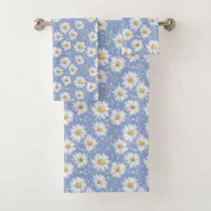 Sketchy White Daisies on Blue Bath Towel Set