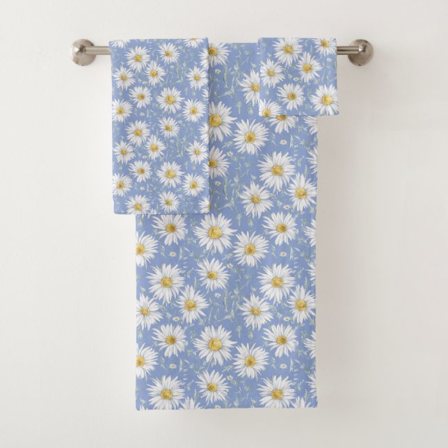 Sketchy White Daisies on Blue Bath Towel Set (Insitu)