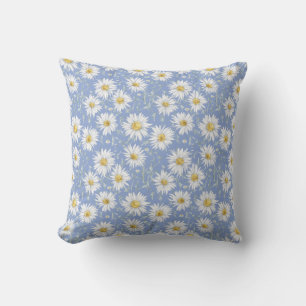 Sketchy White Daisies on Blue Throw Pillow