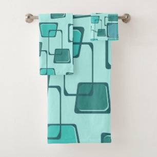 Skewed Squares Midcentury Turquoise Bath Towel Set