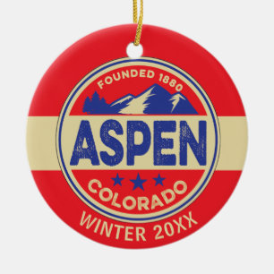 Ski Aspen Blue & Red Ceramic Ornament