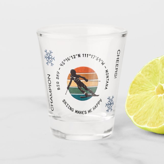 Ski Big Sky, Montana - Woman Skier, Black Text Shot Glass (Front)