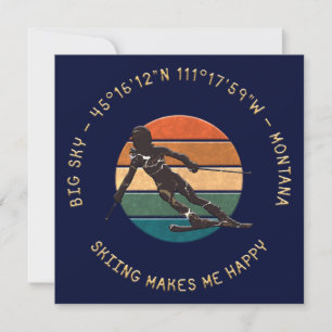 Ski Big Sky, Montana - Woman Skier, Yellow Text Holiday Card