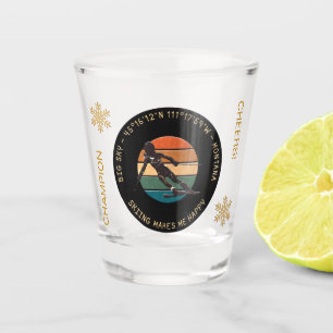 Ski Big Sky, Montana - Woman Skier, Yellow Text Shot Glass