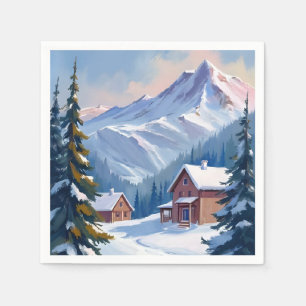Ski Cabin Mountain Landscape Watercolor Winter Napkin
