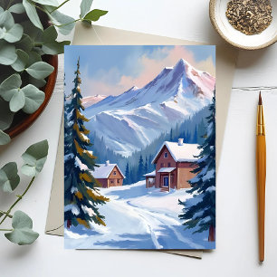 Ski Cabin Mountain Landscape Watercolor Winter Postcard