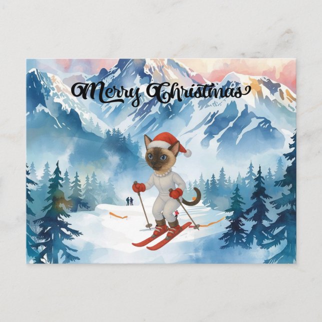 Ski Christmas for Cat Santa Claus Siamese Cat fan Holiday Postcard (Front)