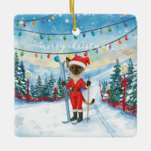 Ski Christmas for Santa Siamese Cat Lovers Snowy Ceramic Ornament