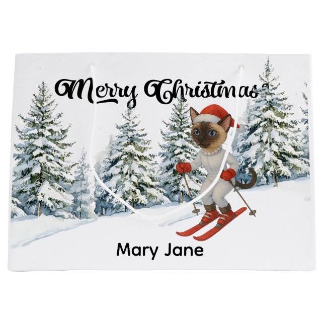 Ski Christmas for Santa Siamese Cat Lovers Snowy  Large Gift Bag (Front)