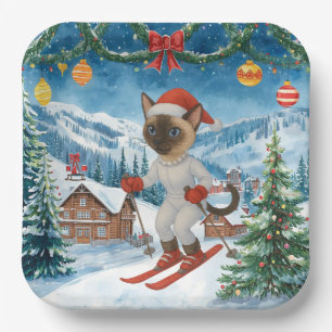 Ski Christmas for Santa Siamese Cat Lovers Snowy Paper Plate