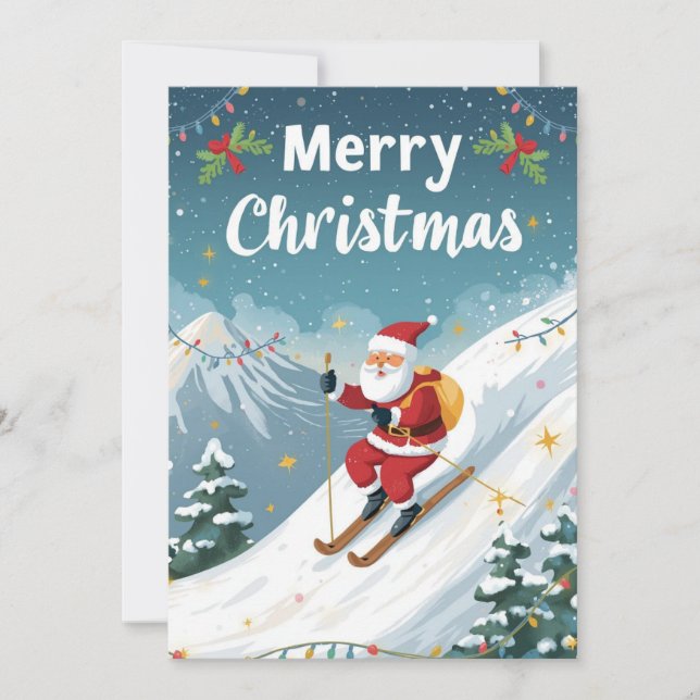 Ski Christmas with Santa Claus on the mountain  Holiday Card (Front)