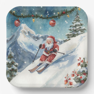 Ski Christmas with Santa Claus on the mountain Paper Plate