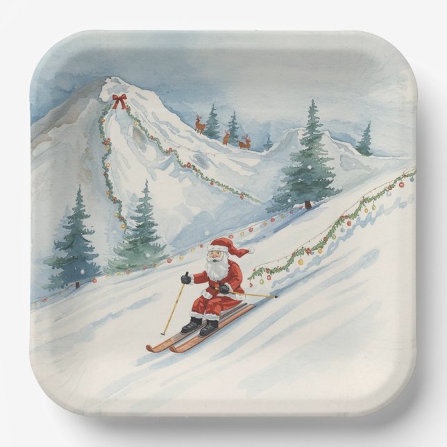 Ski Christmas with Santa Claus on the mountain  Paper Plate (Front)