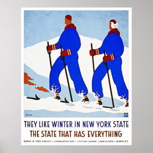 Ski dans l'état de New-York - affiche vintage de