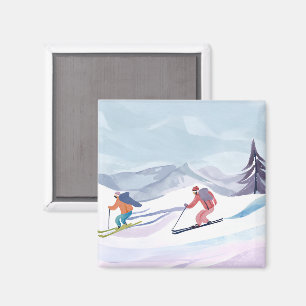 Ski Day   Watercolor Winter Mountain Card Magnet