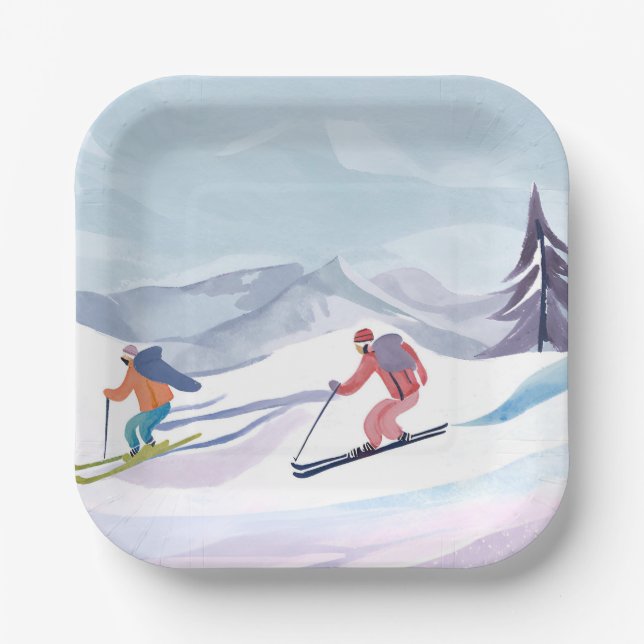 Ski Day | Watercolor Winter Mountain Paper Plate (Front)