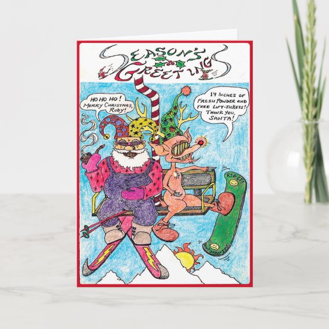 Ski de Père Noël de carte de Noël de bande (Devant)