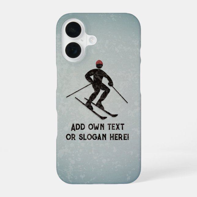 Ski Design - Painted Metal Look Skier - add text iPhone 16 Case (Back)